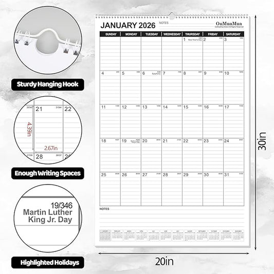 OuMuaMua Extra Large Wall Calendar 2026, 30" X 20" Vertical Jumbo Wall Calendar 2026-2027,18-Month Hanging Planner Wall From 2026 Jan - 2027 Jun with Spiral Bound For School Home Office Organizing
