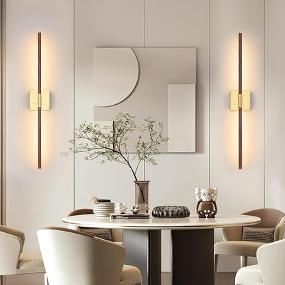 36 Inch Battery Operated Wall Sconces Set of 2, Dimmable Battery Wall Sconce with Remote Control, Walnut Gold LED Rechargeable Sconces, Modern Wireless Wall Lights for Bedroom, Living Room