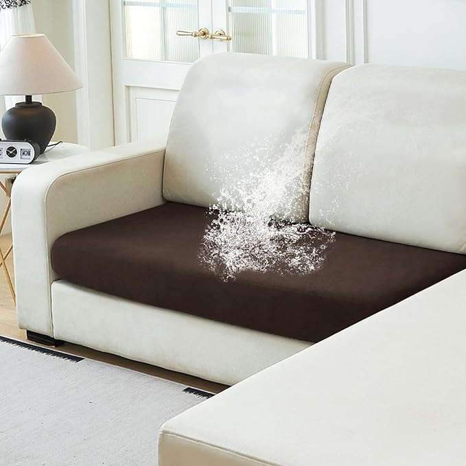 NAISI Waterproof Couch Cushion Covers Thick Velvet Fabric Washable Sofa Slipcovers 1 Piece Individual Sectional Couch Covers with Elastic Bottom(1 PC for 2-Seat Cushion or Loveseat,Coffee)