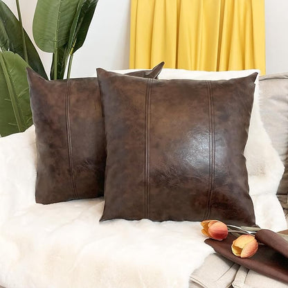 Faux Leather Throw Pillow Cover 18X18 Inch Set of 2 Outdoor Modern Farmhouse Solid Decorative Pillow Covers for Room Couch Living Bedroom Bed Sofa