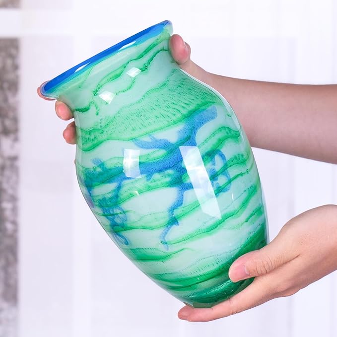 Glass Vases for Flower, Unique Hand Blown Green Glass Vase, Modern Art Decorative for Home Living Room, Office, Table centerpieces, Bookshelves and Wedding Decorations (JG33)