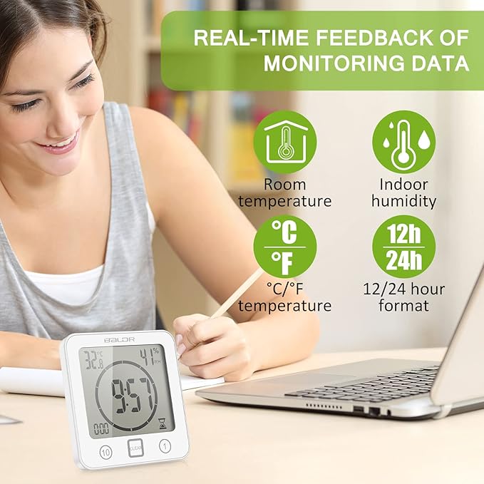 Waterproof Digital Shower Clock, Bathroom Wall Clock with Countdown Timer, Temperature & Humidity Display, Magnetic Back & Suction Cup for Bathroom, Kitchen, Spa