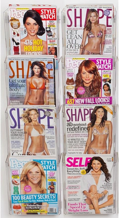 Wall Magazine Rack with 8 Tiered Pockets, 2 Columns of 4 Pockets, Full View - Clear Acrylic