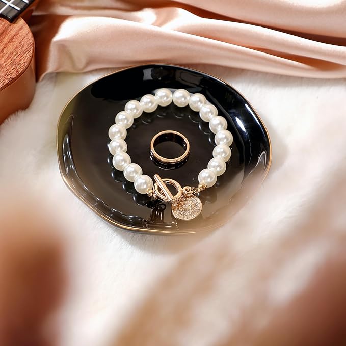 Shappy 12 Pcs Christmas Ceramic Jewelry Tray Gift 4.5 Ring Dish Bulk Decorative Trinket Dish for Birthdays Gift (Black)