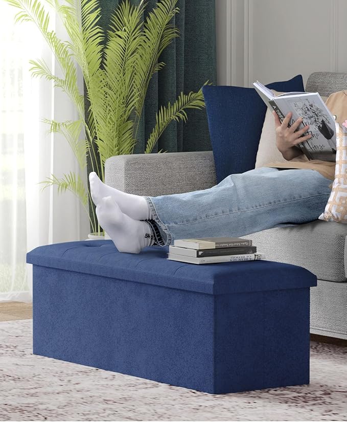 Folding Storage Ottoman Bench, Multi-Functional Ottoman Foot Rest, End of Bed Bench, Storage Chest for Living Room, Bedroom, Hallway, Entryway, Holds Up to 600 lbs (Navy Blue, 43 Inches)