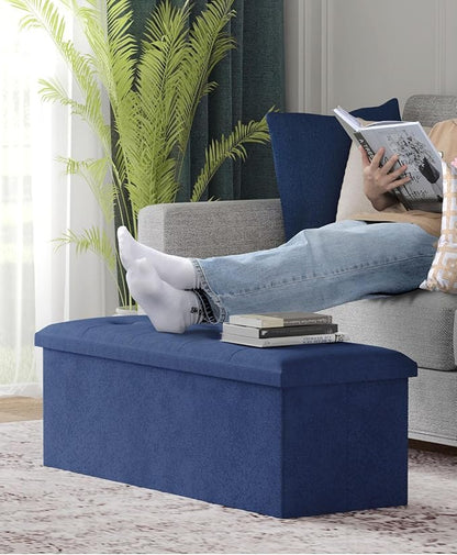Folding Storage Ottoman Bench, Multi-Functional Ottoman Foot Rest, End of Bed Bench, Storage Chest for Living Room, Bedroom, Hallway, Entryway, Holds Up to 600 lbs (Navy Blue, 43 Inches)