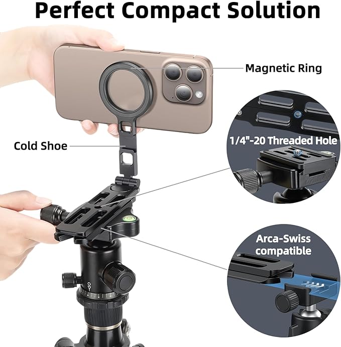 Magnetic Phone Tripod Stand Portable Cell Phone Holder Strong Magnet Mini Pocket Smartphone Mount Foldable Selfie Stick Tripod with 1/4" Screw Hole for iPhone 17 16 15 14 13