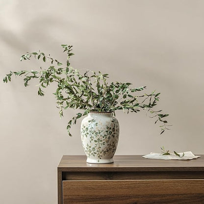 Vintage Green and Beige Vase, Round Ceramic Floral Vases, Retro Ice Cracked Chinoiserie Vase for Home Decor, Living Room, Bookshelf, Office, Grand Millennial Decor, Rustic Table Centerpiece 8 Inch