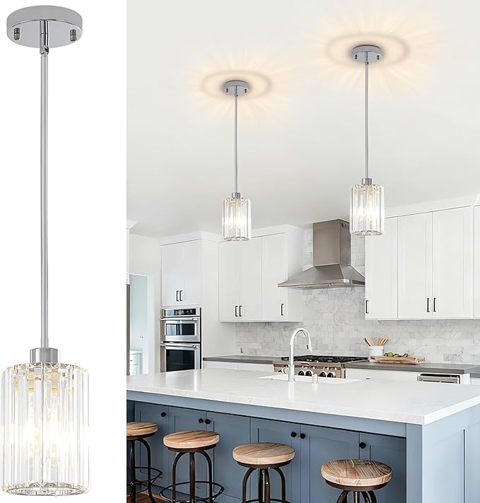 Chrome Pendant Lights, 2 Pack Modern Crystal Hanging Pendant Light Fixtures, Mini Crystal Island Lights for Kitchen Island, Dining Room, Hallway, Foyer, Entryways
