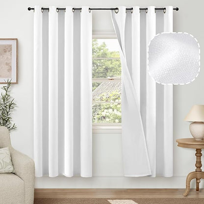 Blackout Curtains for Bedroom 72 Inch Length 2 Panels Set, Thermal Insulated 100% Black Out Privacy Soundproof Grommet Farmhouse Linen Window Curtains for Living Room Darkening, White, Each 52”Wide