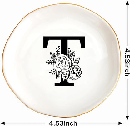 JoycuFF Initial T Ceramic Jewelry Tray, Bridesmaid Bride Gifts, Mothers Day Christmas Anniversary Engagement Birthday Gifts for Women Couples, Trinket Dish for Rings Earrings Necklaces Bracelets Keys