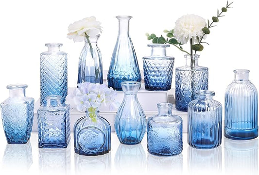 12 Pack Blue Glass Bud Vase Set, Small Vintage Vases for Centerpieces, Decorative Flower Vases for Wedding Home Table Decor