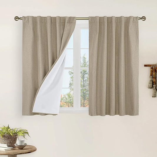 LAMIT 100% Blackout Short Linen Curtains for Cafe, 40 Inch Length Linen Textured Thermal Curtains Back Tab and Rod Pocket Neutral Panels with White Liner for Kitchen, 2 Panels, 42 x 40 Inch, Taupe