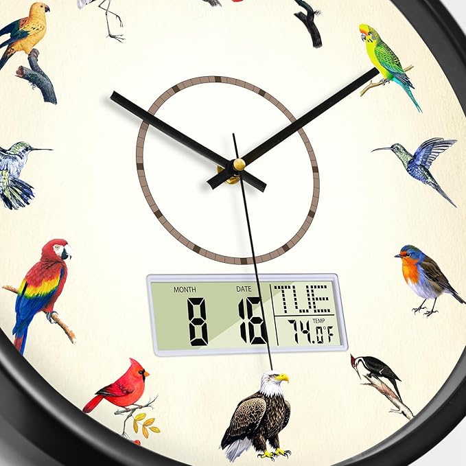 Silent Modern Digital Clock with Week and Date Temperature Funny Birds Large Display Clock Battery Operated LCD Wall Clocks Non-Ticking Clocks for Bathroom Kitchen Living Room Decor 14 Inch