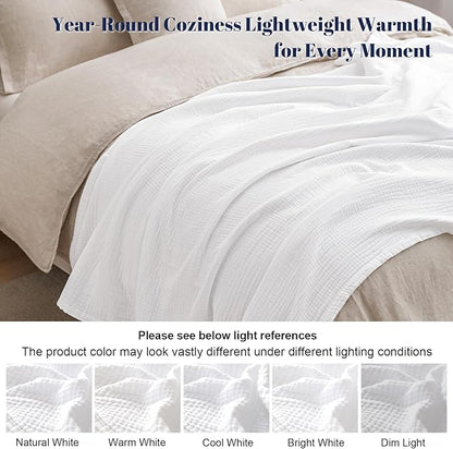 PHF 100% Cotton Muslin Throw XL Blanket Large 50" x 70", 4-Layer Lightweight Gauze Throw, Breathable Cloud-Soft Minimalist Blanket for Bed, Couch, Camping & Baby, White, Ideal Gift