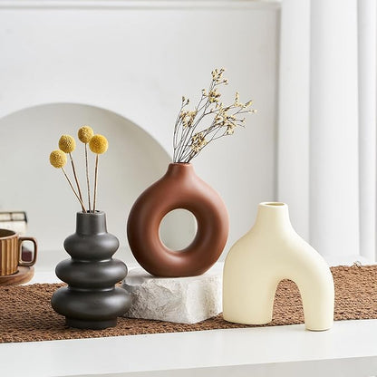 Ceramic Farmhouse Vase Set of 3, Rustic Centerpiece Vases for Fresh Dried Flowers Pampas Grass Bouquets, Boho Home Decor for Living Room Kitchen Entryway Table Mantel, Wedding Decor