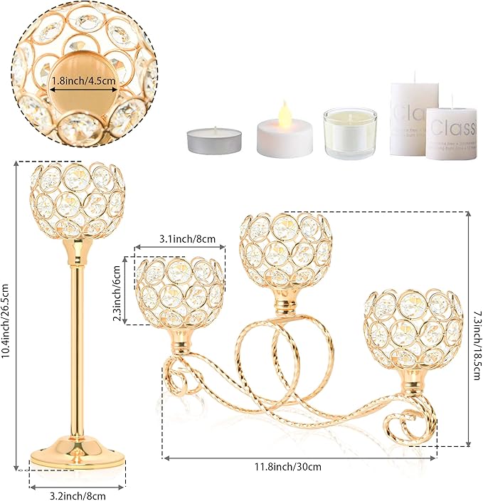 Gold Set of 6 Metal Crystal Tea Light Candle Holder, Elegant Wedding Table Centerpiece Candle Holder, Christmas Wishing Crystal Bowl Candle Holder Suitable for Wedding Party Living Room Decoration