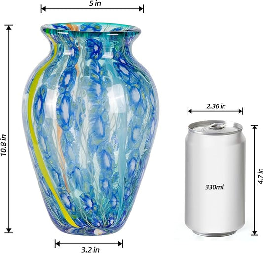 Glass Vases for Flower, Unique Hand Blown Blue Glass Vase, Modern Art Decorative for Home Living Room, Office, Table centerpieces, Bookshelves and Wedding Decorations (JG30)