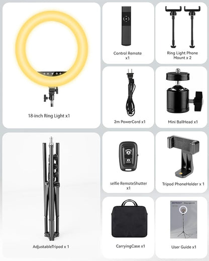 18 Inch Professional LED Ring Light with 70-inch Tripod, CRI≥95, 3000K-6000K Adjustable Brightness & Color Temperature, Phone Holder for Live Streaming, YouTube, TikTok, Makeup, Photography
