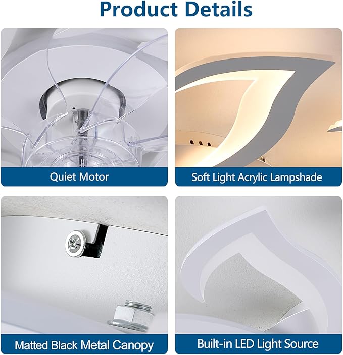 HuixuTe 32" White Modern 8-head Geometric Ceiling Fan with Lights Remote Control, Low Profile Ceiling Fan with Light for Kitchen Bedroom Living Room