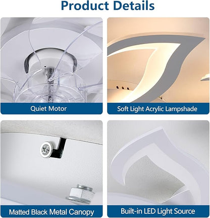 HuixuTe 32" White Modern 8-head Geometric Ceiling Fan with Lights Remote Control, Low Profile Ceiling Fan with Light for Kitchen Bedroom Living Room