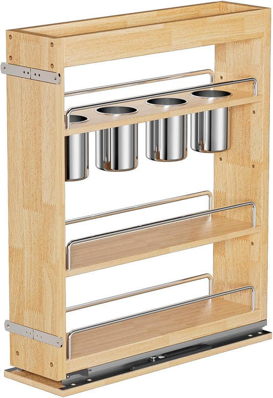 OCG 5" Pull-Out Solid Wood Storage Organizer for Base Cabinets, Soft Close 3 Tier Narrow Pull-out Wooden Storage Rack for Spices, Utensils, and Kitchen Tools