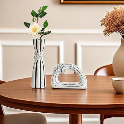 Ceramic Statues Decorative Vase Home Decor Modern Rustic Black and White Striped Knot Statues Set for Living Room, Bedroom, Office, Table Centerpiece, Shelf, Mantel, Set of 2