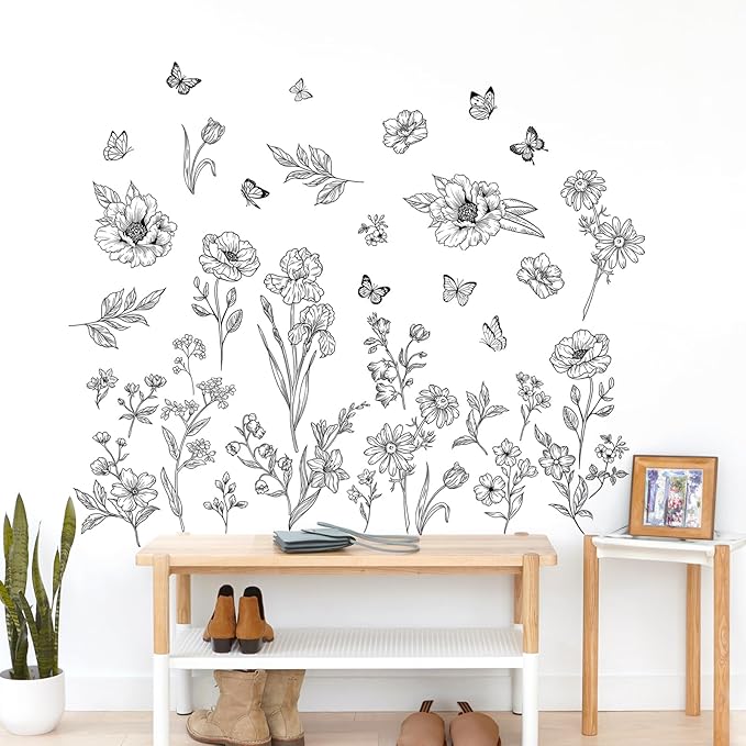 Boho Black Flower Wall Decals Wildflower Butterfly Simple Sketch Wall Stickers Removable Wall Art Decor for Living Room Bedroom