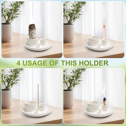 Palo Santo Sticks Holder, 4 in 1 Incense and Candle Holder for Burning Sage and Sticks for Burning, Ash Catcher Tray for Meditation Yoga Room (White)