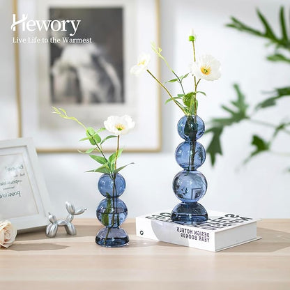 Glass Bubble Vases for Flowers, Hewory 2pcs Light Blue Unique Cute Single Flower Vase for Centerpieces, Funky Aesthetic Vase Skinny Bud Vase, Cool Groovy Decor for Living Room Bedroom Office Tabletop
