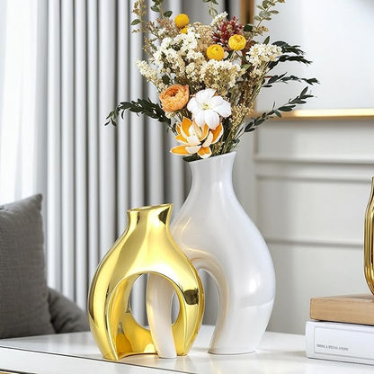 White Gold Modern Abstract Ceramic Vases for Home Decor,Nordic Snuggle Hollow Design for Flowers Pampas Grass Decorative,for Living Room Coffee Table Centerpiece,Entrance,Console (White Gold)