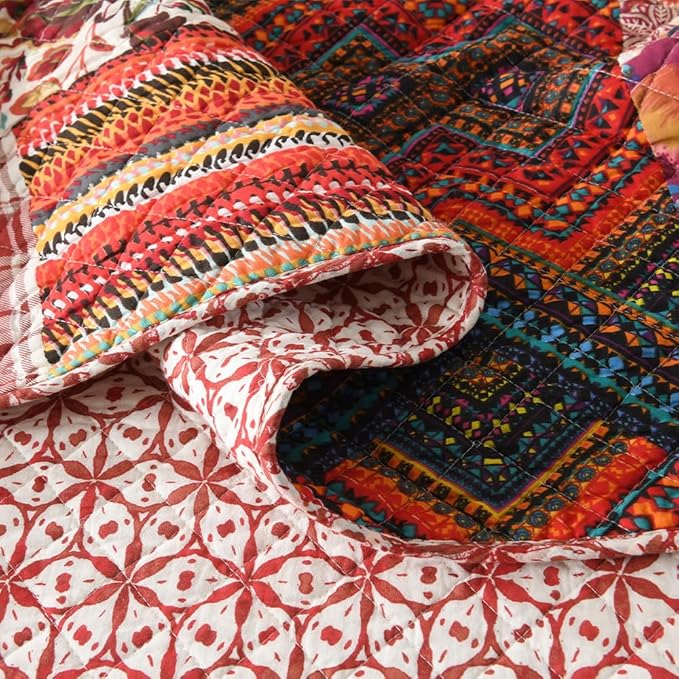 Cotton Bedspread Quilt Sets Reversible Bedding Coverlet Sets 3 Pieces Gorgeous Vintage Damask Red Patchwork Bedspread, King Size