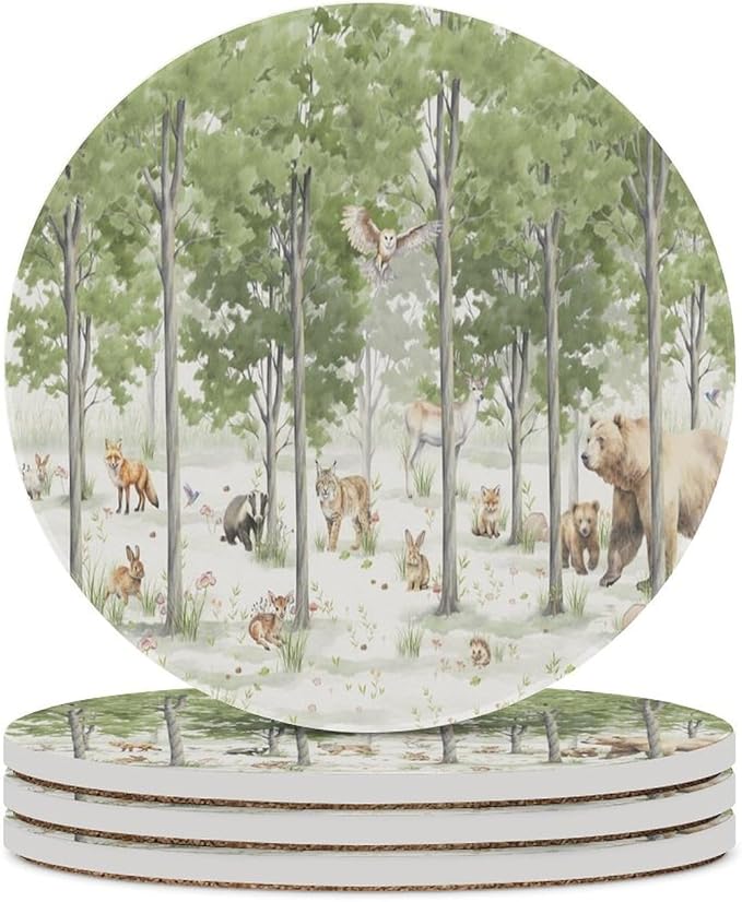 Round-4PCS Forest Drink Coasters, Round Modern Ceramic Absorbent Coasters, Cartoon Forest Nature Animal Bear, Deer, Fox, Rabbit Style Decor Desk Coffee Table Coaster for Beverage Cup Tea Coasters