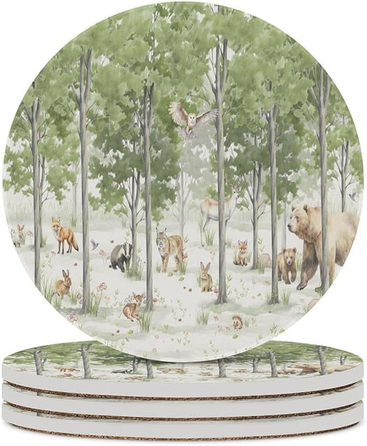 Round-4PCS Forest Drink Coasters, Round Modern Ceramic Absorbent Coasters, Cartoon Forest Nature Animal Bear, Deer, Fox, Rabbit Style Decor Desk Coffee Table Coaster for Beverage Cup Tea Coasters