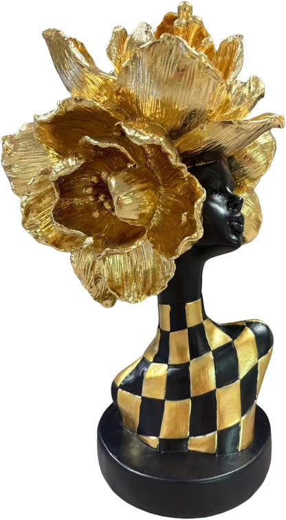 Golden African Woman Statue – Luxurious Resin Figurine with Gold Floral Headpiece and Black-Gold Geometric Dress, Modern African Art Sculpture for Home and Office Décor