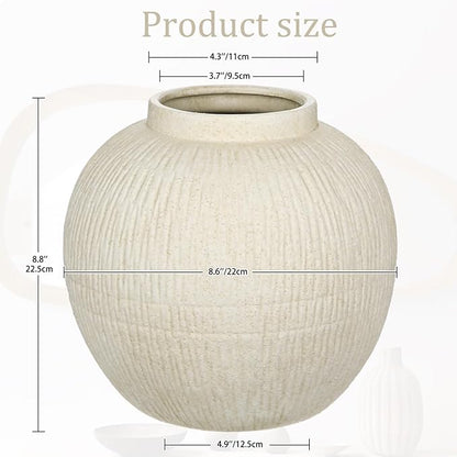 9" Large Rustic Vase with Linear Sculpture and Rich Sand Texture, Round Ceramic Vase with Wide Belly for Space Filling Decor, Retro Style & Beige White
