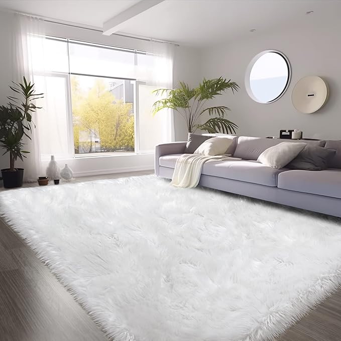 SERISSA White Faux Fur Rug 8x10 Feet, Fluffy Shaggy Area Rug Large Faux Sheepskin Fur Rugs Fuzzy Rug, Furry Throw Rug for Living Room, Bedroom, Nursery Room Decor (Rectangle, White)