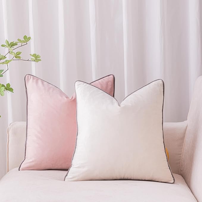 LIGICKY Pink and Cream White Velvet Throw Pillow Covers 18x18 inch, Set of 2 Modern Double-Sided Design, Soft Square Decorative Cushion Cases with Grey Rope Edging for Home Decor