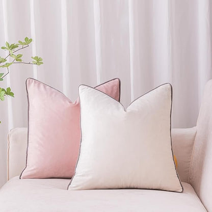 LIGICKY Pink and Cream White Velvet Throw Pillow Covers 18x18 inch, Set of 2 Modern Double-Sided Design, Soft Square Decorative Cushion Cases with Grey Rope Edging for Home Decor