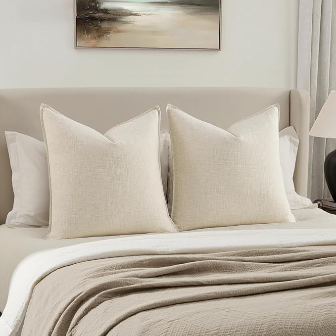 MIULEE Euro Sham Pillow Covers for Bed 24x24, 2 Pack Cream White Thick & Textured Decorative Throw Pillow Covers, Neutral Linen Cushion Cases, Modern Farmhouse Home Decor, No Filling