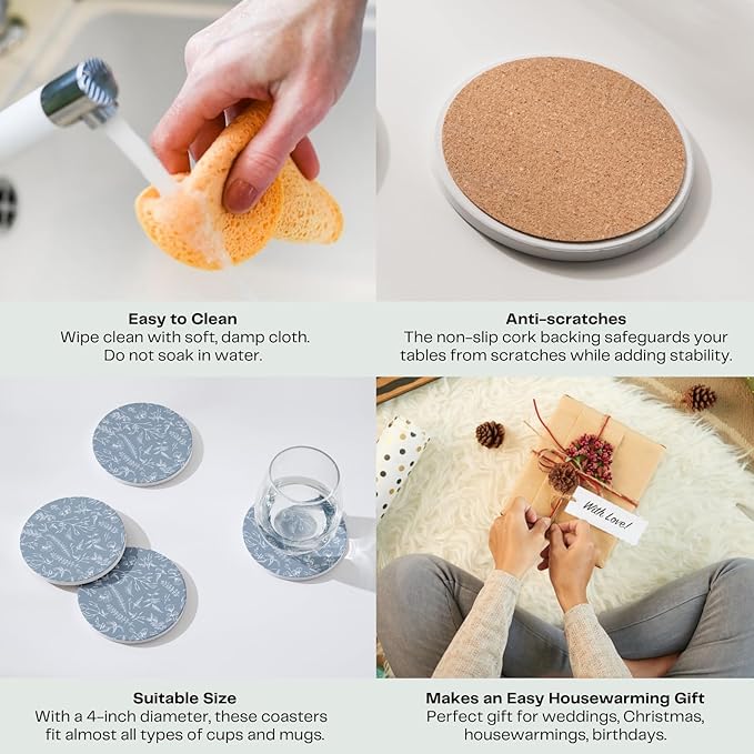 Set of 6 Floral Dusty Blue Coasters with Holder, Absorbent Ceramic Drink Coasters with Cork Backing for Table Protection, Coffee Table Décor