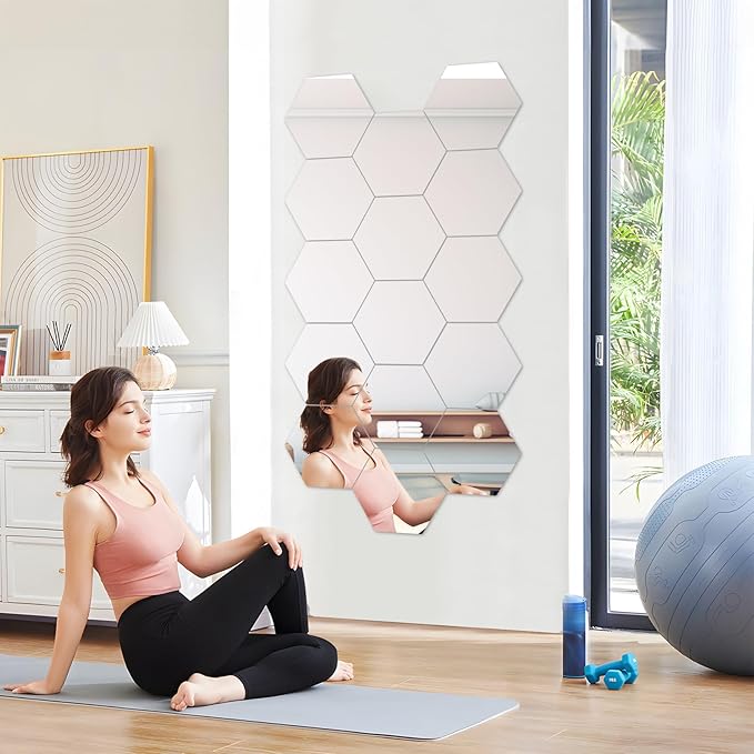Abyssaly 4 Pack Acrylic Mirror Stickers, 3D Hexagon Flexible Plastic Mirror Tiles for Wall, Frameless Non-Glass Full Length Stick on Espejos Wall Tile Sheets for Bedroom Home Gym Door, 7.87" x 7.87"