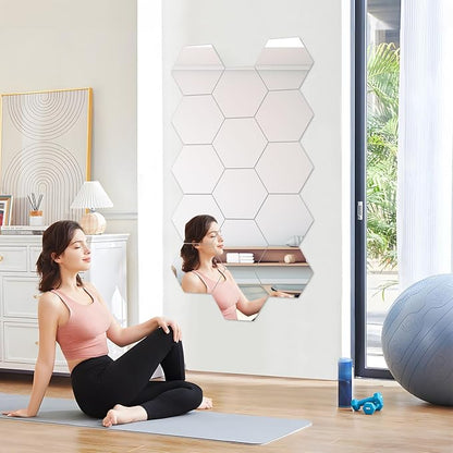 Abyssaly 10 Pack Acrylic Mirror Stickers 11.8" x 11.8", 3D Hexagon Flexible Plastic Mirror Tiles for Wall, Frameless Non-Glass Full Length Stick on Espejos Wall Tile Sheets for Bedroom Home Gym Door