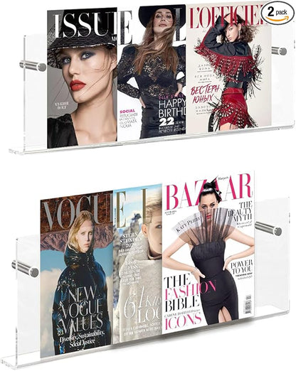 2 Pack Acrylic Magazine Holder,Clear Wall Mounted Magazine Rack Floating Bookshelf for Office,Living Room,Waiting Room Vinyl Record,Book Display Rack(Clear,17 Inch)