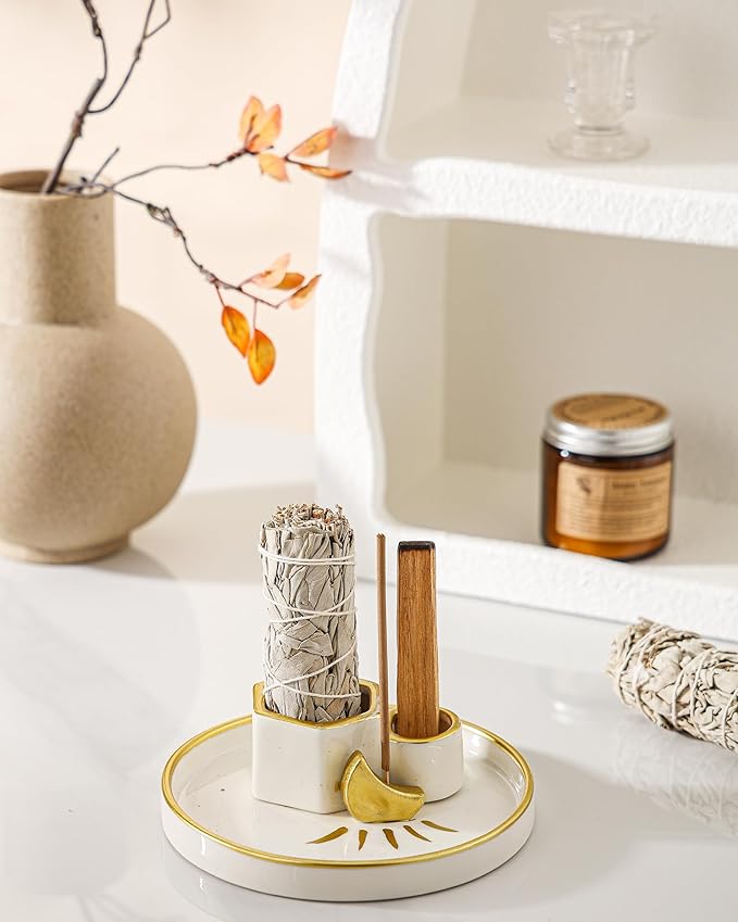 Ceramic Incense Holder Burner, Sage Holder for Burning, Palo Santo Sticks Holder, 5.51" Ash Catch Tray, Smudge Dish for Meditation Yoga, Modern Home Decor Gift