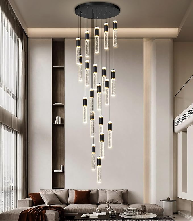Modern Crystal Chandelier for Staircase Large High Ceiling Chandeliers Spiral Dimmable Hanging Light Fixture Flush Mount Bubble Pendant Lighting for Foyer Entryway Hallway
