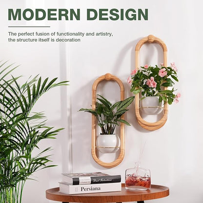 Wooden Wall Planters for Indoor with Ceramic Pot - Modern Hanging Plant stand Shelf for Indoor Plants, Wall Mounted Plant Holder for Living Room, Bedroom, Wall Decor - Raw Wood Color (Set of 1)