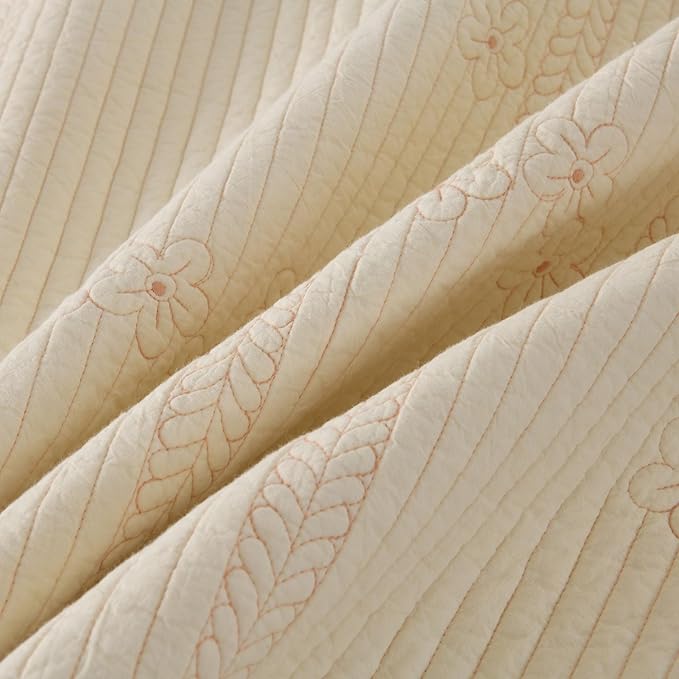 MarCielo 100% Cotton Quilt Set Lightweight Bedspread with Scalloped Edge, Farmhouse Vintage Bedding, All Season Use(Tu Beige,Queen (96"x102"))