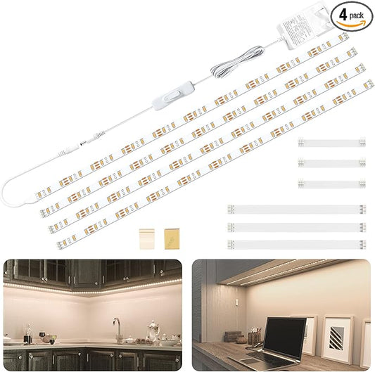 WOBANE LED Cabinet Lights,4 PCS 20inch LED Strip Lights Kit,Under Counter Lighting for Kitchen,Under Desk,Shelf,Display Case,Furniture, 120 LEDs,1200 Lumen,4000K Natural White