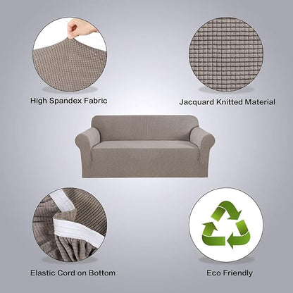 H.VERSAILTEX Stretch Couch Covers for Sofa 1 Piece Slipcovers for Couches and Sofas 3 Seater Couch Cover Feature Thick Checked Jacquard Fabric with Elastic Bottom(Large Sofa 90"-100" Wide, Taupe)